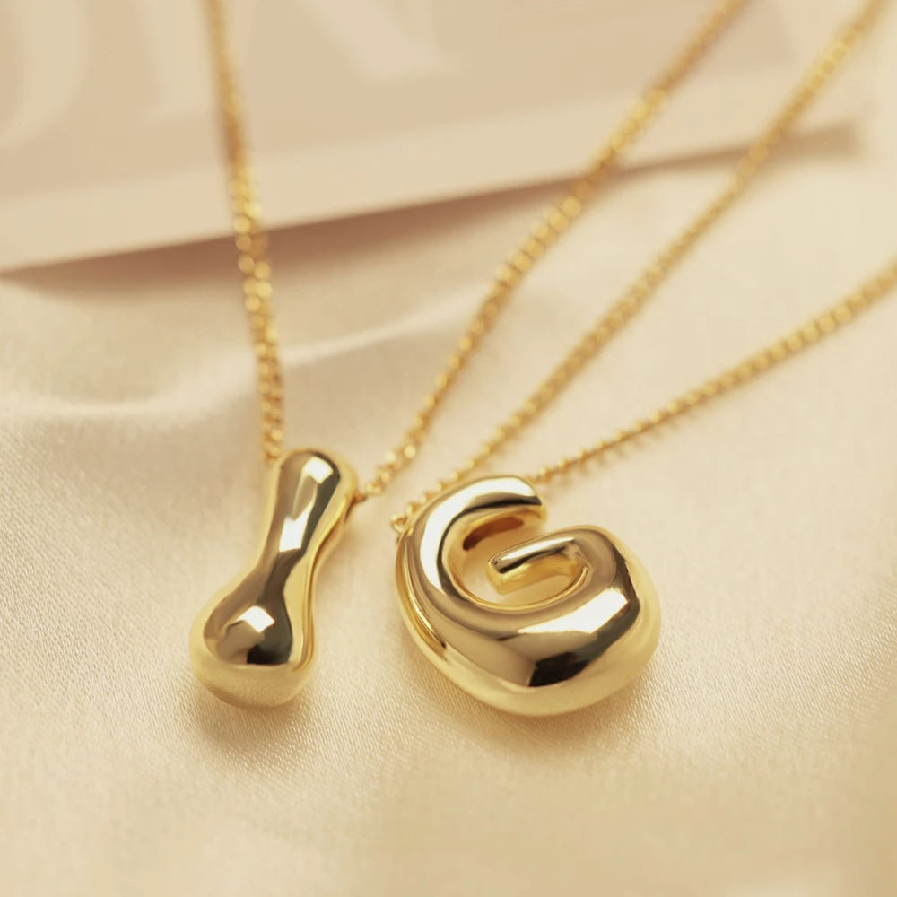 Gold Stainless Steel Initial Necklace | Chunky Bubble Letter Pendant