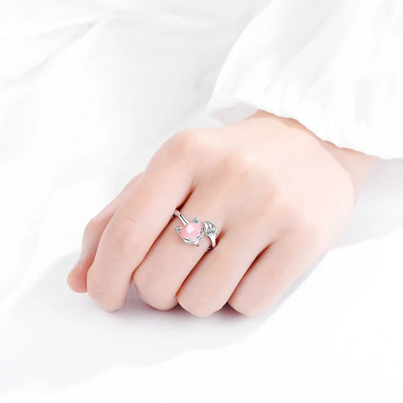 925 Sterling Silver Fox Ring | Rose Gold Adjustable with Crystal Zircon & Agate