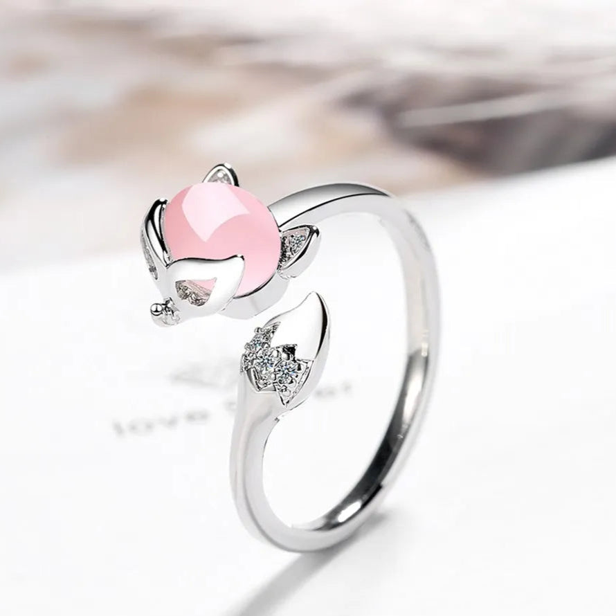 925 Sterling Silver Fox Ring | Rose Gold Adjustable with Crystal Zircon & Agate