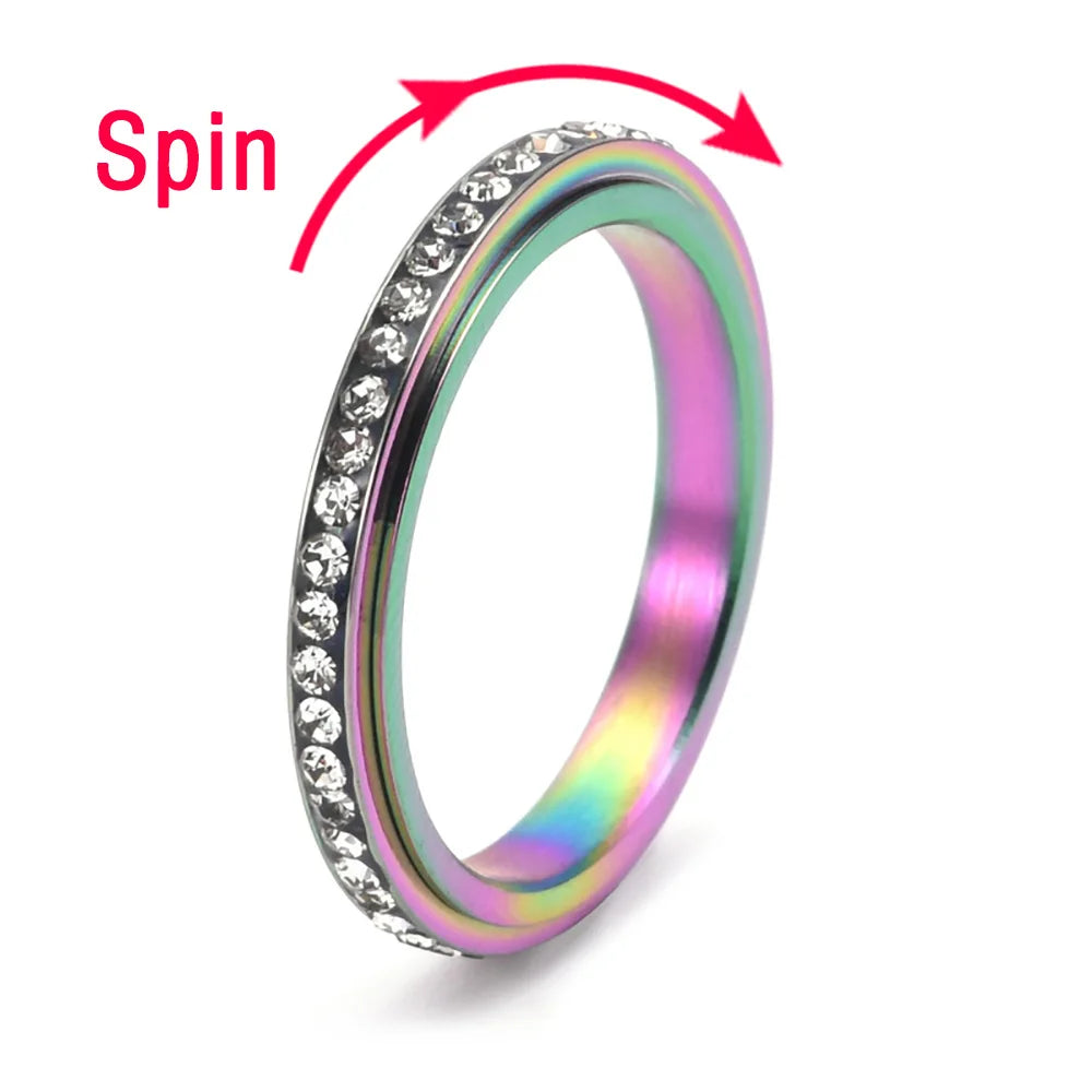 Stainless Steel Fidget Anxiety Ring | Spinner Band with Cubic Zirconia