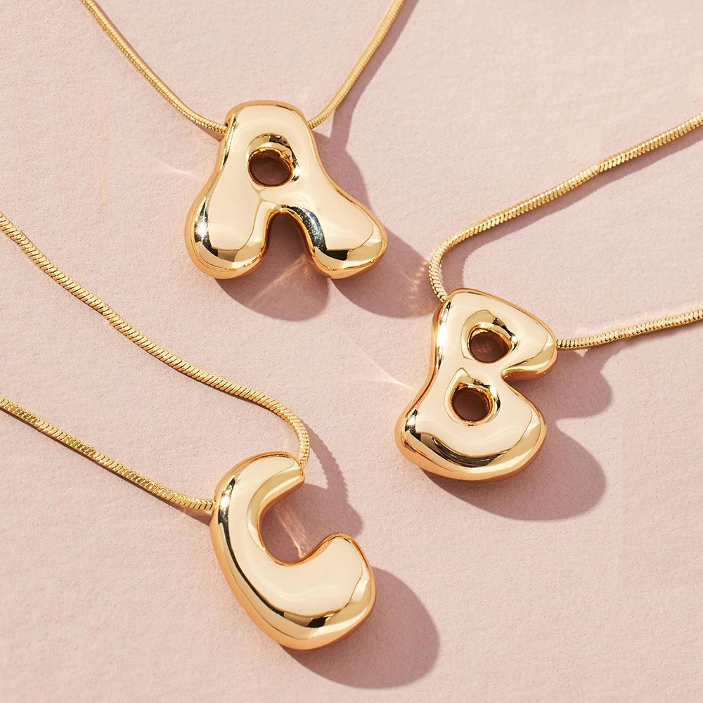 Gold Stainless Steel Initial Necklace | Chunky Bubble Letter Pendant