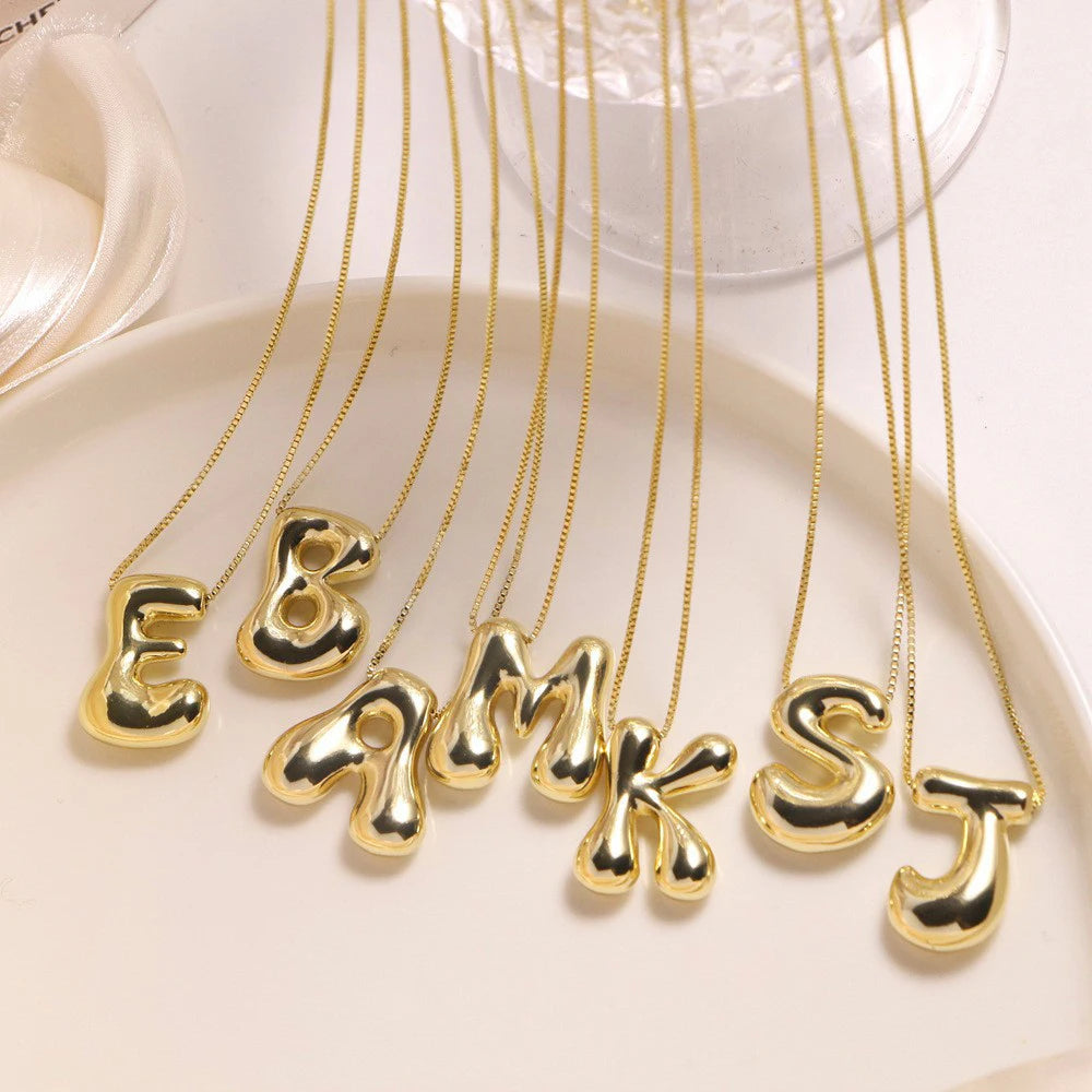 Gold Stainless Steel Initial Necklace | Chunky Bubble Letter Pendant