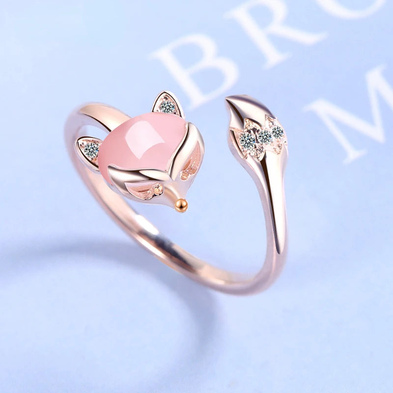 925 Sterling Silver Fox Ring | Rose Gold Adjustable with Crystal Zircon & Agate