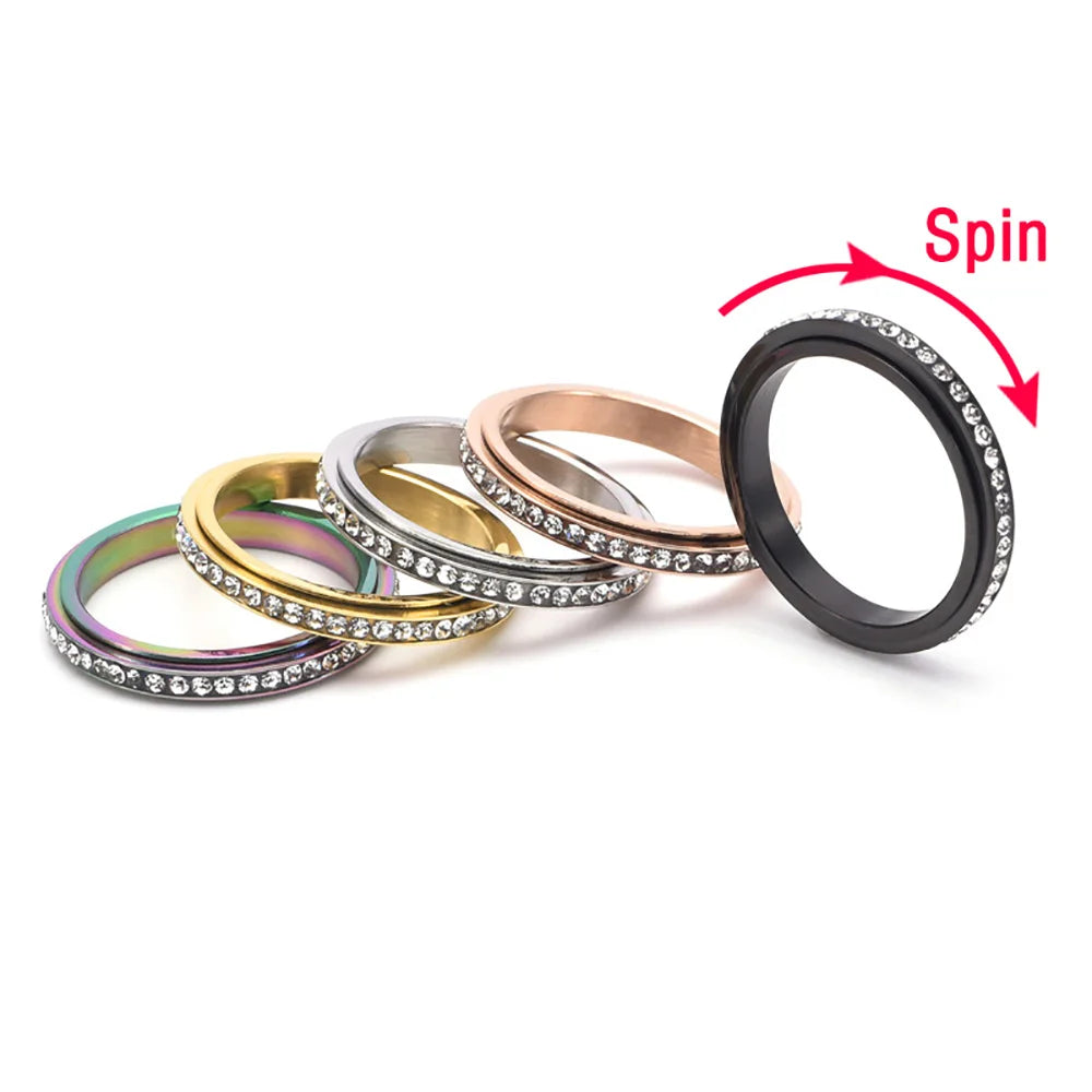 Stainless Steel Fidget Anxiety Ring | Spinner Band with Cubic Zirconia